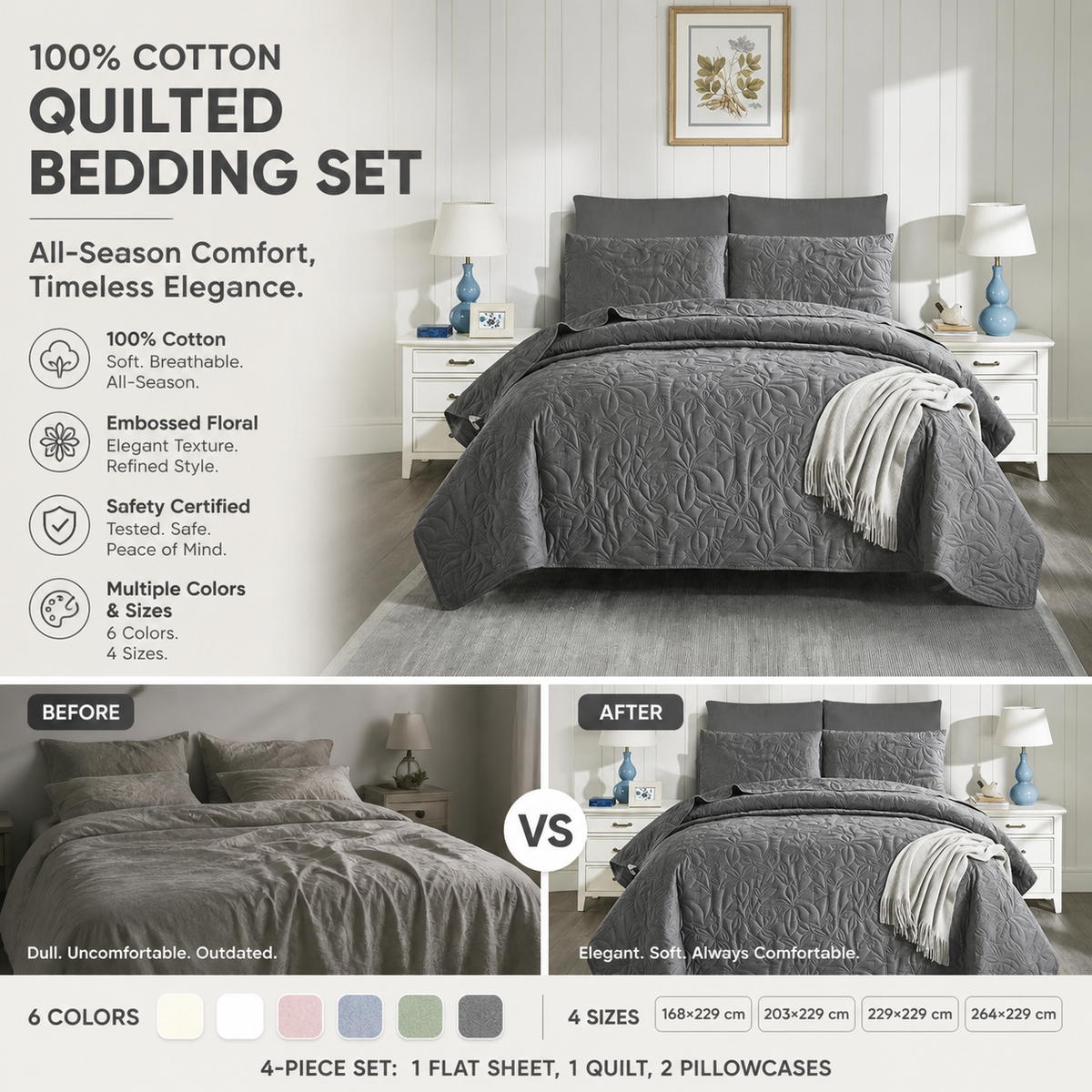 🛏️✨ Sängklädesset i 100 % bomull – enfärgad design, 4-delars set för en bekvämare sovmiljö 🌙