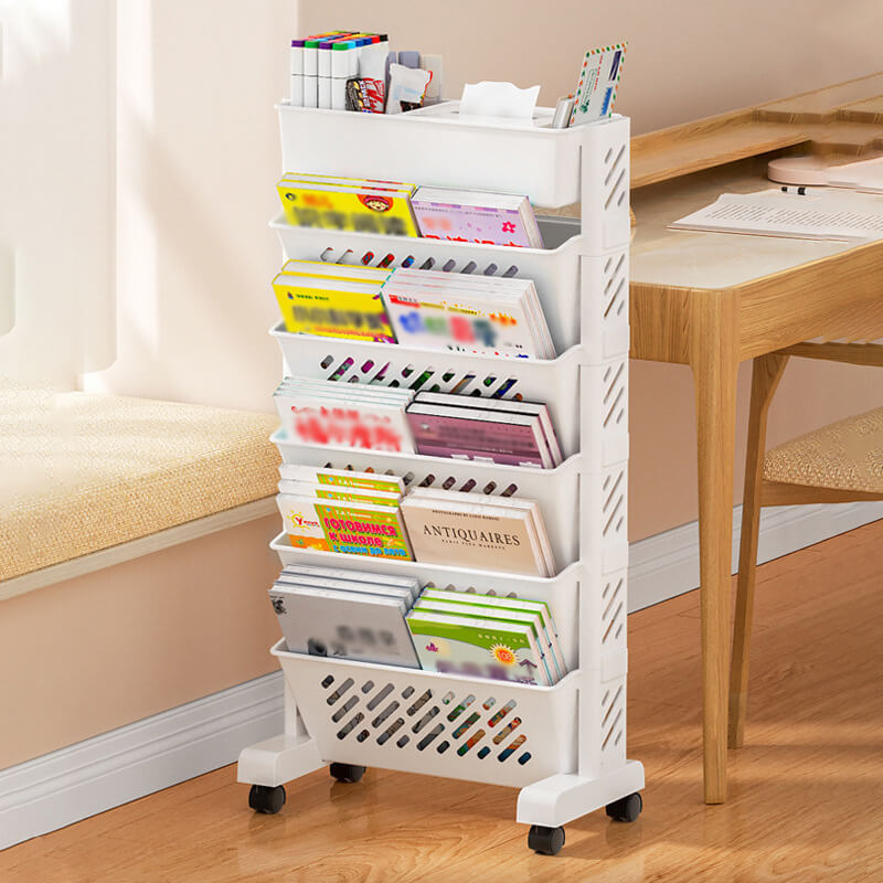 📚✨ Mobil bokhylla med hjul – 5/6 hyllplan med 45° vinkel för skrivbord och arbetsyta 🛒