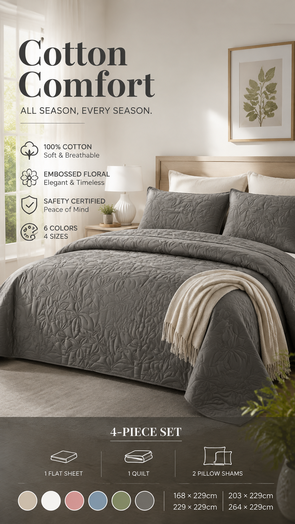 🛏️✨ Sängklädesset i 100 % bomull – enfärgad design, 4-delars set för en bekvämare sovmiljö 🌙