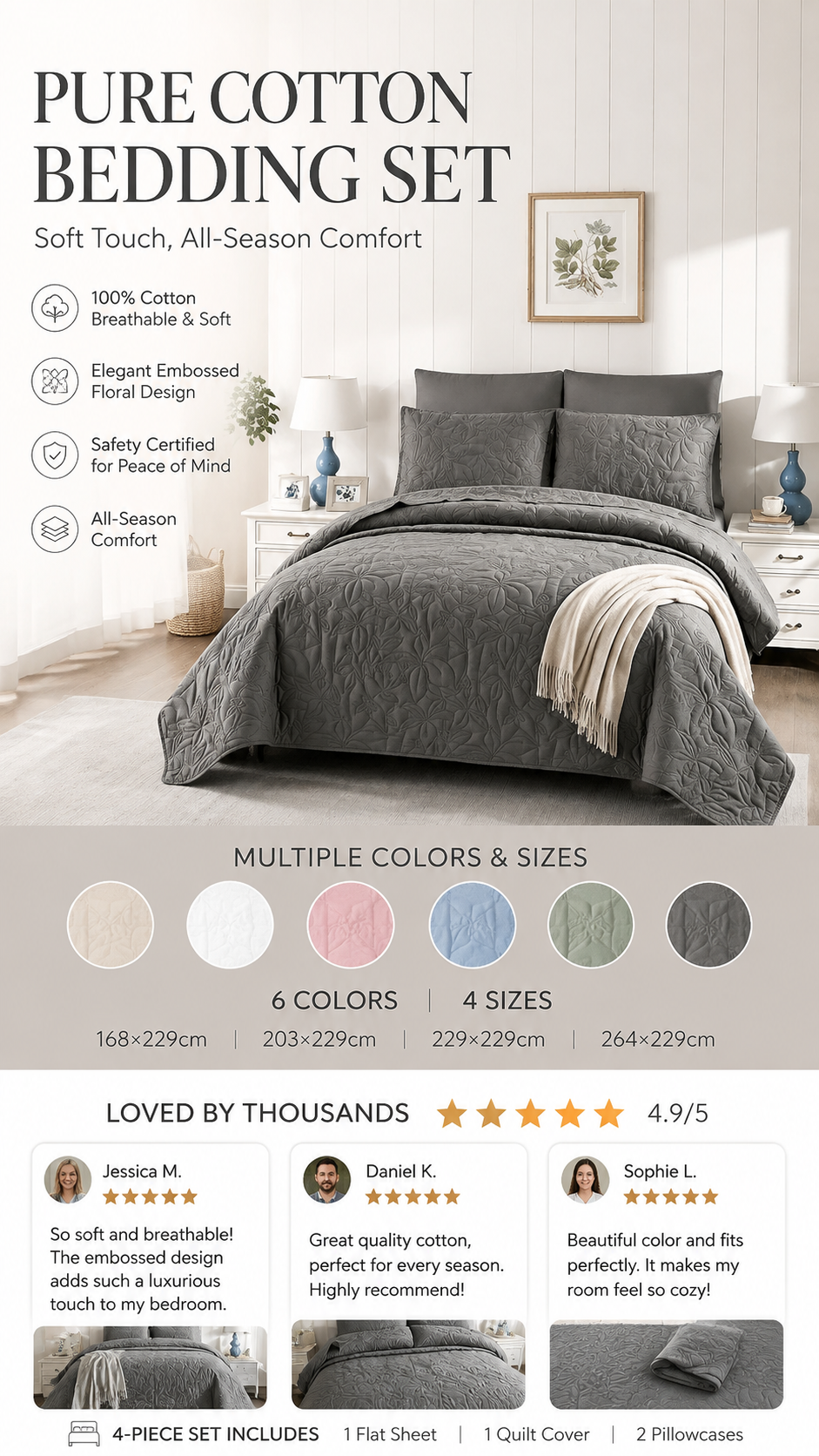 🛏️✨ Sängklädesset i 100 % bomull – enfärgad design, 4-delars set för en bekvämare sovmiljö 🌙