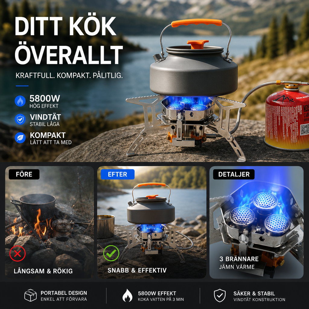 🏆🇸🇪 Populär bland svenska kunder💥Vindbeständigt Campingkök med 3 Brännare – Laga Mat Var Du Än Är