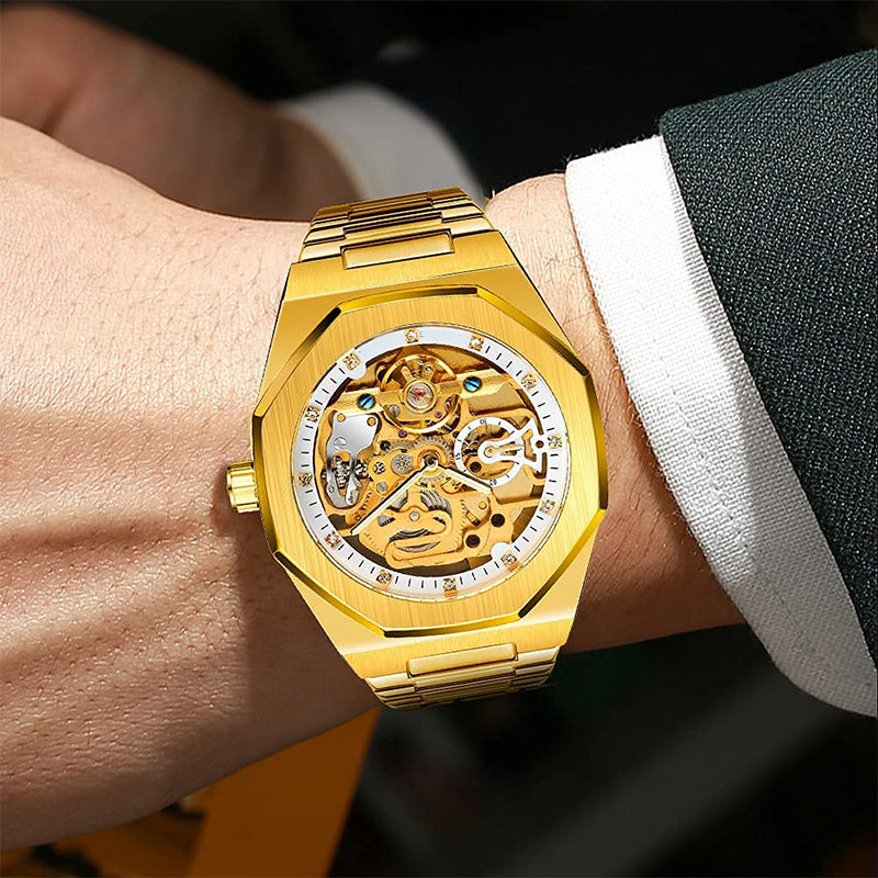 ⌚ LYXIG SKELETTUR - MÄSTARVERK I MECHANISK DESIGN  💎 Exklusiv visarfunktion - se klockans inre magi ⚙️ Automatisk rörelse - ingen batteribyte behövs ✅ 50 meters vattentålighet 💦 ✅ Safirglas för repfri klarhet 💎