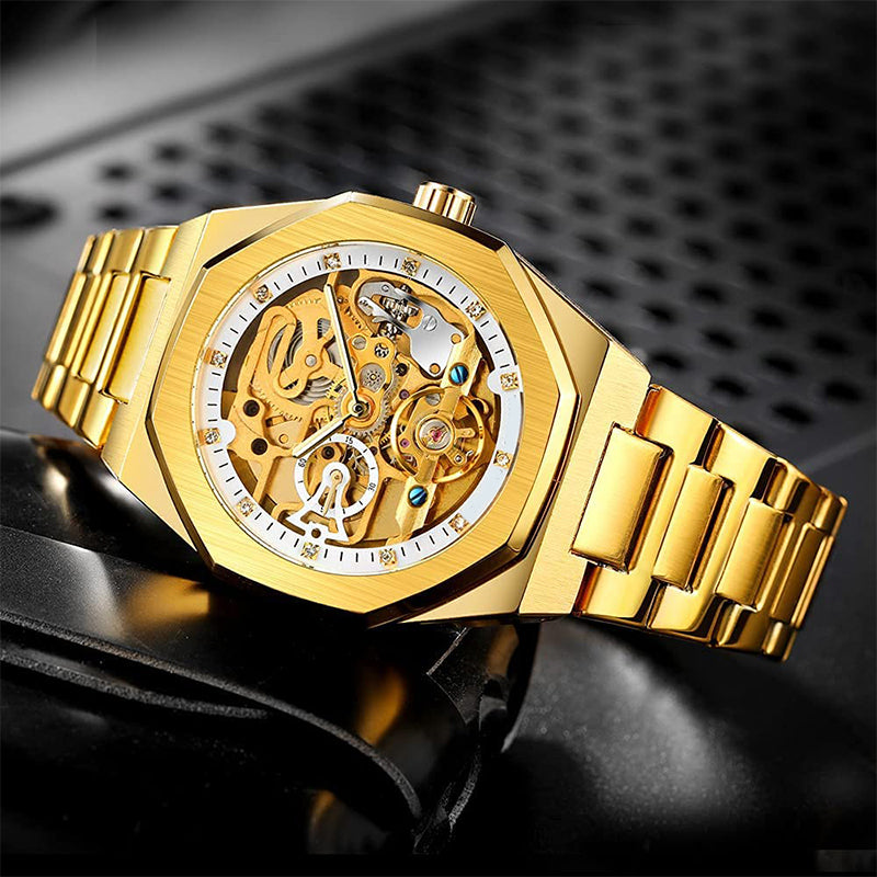 ⌚ LYXIG SKELETTUR - MÄSTARVERK I MECHANISK DESIGN  💎 Exklusiv visarfunktion - se klockans inre magi ⚙️ Automatisk rörelse - ingen batteribyte behövs ✅ 50 meters vattentålighet 💦 ✅ Safirglas för repfri klarhet 💎