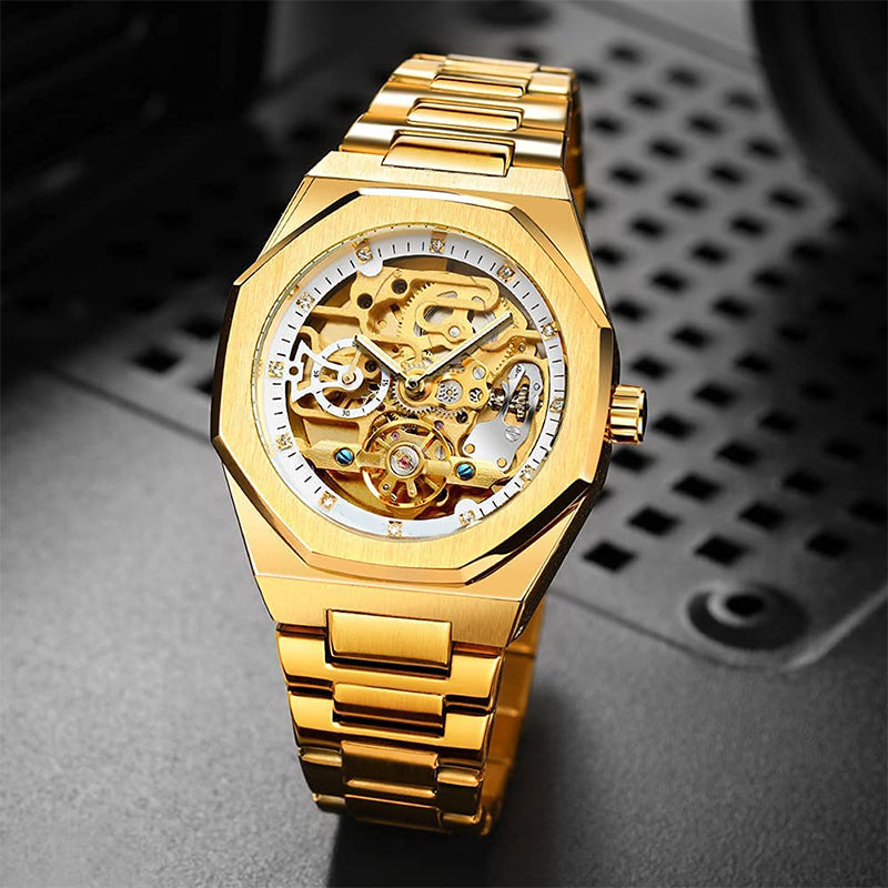 ⌚ LYXIG SKELETTUR - MÄSTARVERK I MECHANISK DESIGN  💎 Exklusiv visarfunktion - se klockans inre magi ⚙️ Automatisk rörelse - ingen batteribyte behövs ✅ 50 meters vattentålighet 💦 ✅ Safirglas för repfri klarhet 💎