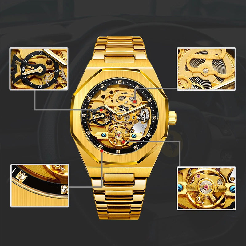 ⌚ LYXIG SKELETTUR - MÄSTARVERK I MECHANISK DESIGN  💎 Exklusiv visarfunktion - se klockans inre magi ⚙️ Automatisk rörelse - ingen batteribyte behövs ✅ 50 meters vattentålighet 💦 ✅ Safirglas för repfri klarhet 💎