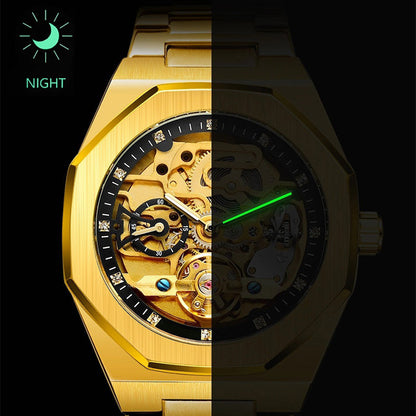 ⌚ LYXIG SKELETTUR - MÄSTARVERK I MECHANISK DESIGN  💎 Exklusiv visarfunktion - se klockans inre magi ⚙️ Automatisk rörelse - ingen batteribyte behövs ✅ 50 meters vattentålighet 💦 ✅ Safirglas för repfri klarhet 💎