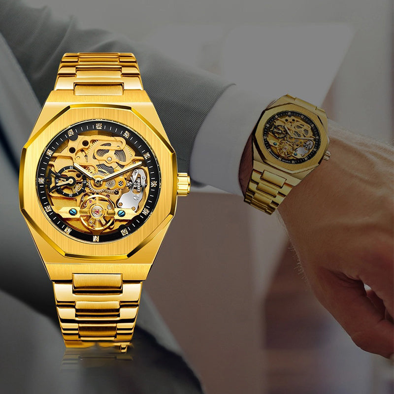 ⌚ LYXIG SKELETTUR - MÄSTARVERK I MECHANISK DESIGN  💎 Exklusiv visarfunktion - se klockans inre magi ⚙️ Automatisk rörelse - ingen batteribyte behövs ✅ 50 meters vattentålighet 💦 ✅ Safirglas för repfri klarhet 💎