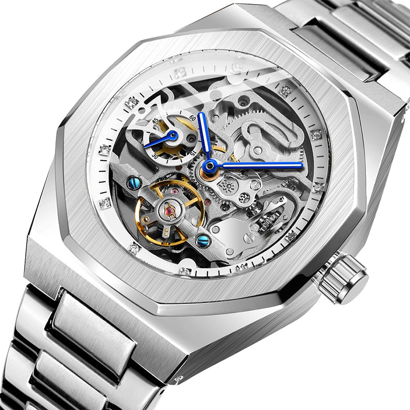 ⌚ LYXIG SKELETTUR - MÄSTARVERK I MECHANISK DESIGN  💎 Exklusiv visarfunktion - se klockans inre magi ⚙️ Automatisk rörelse - ingen batteribyte behövs ✅ 50 meters vattentålighet 💦 ✅ Safirglas för repfri klarhet 💎