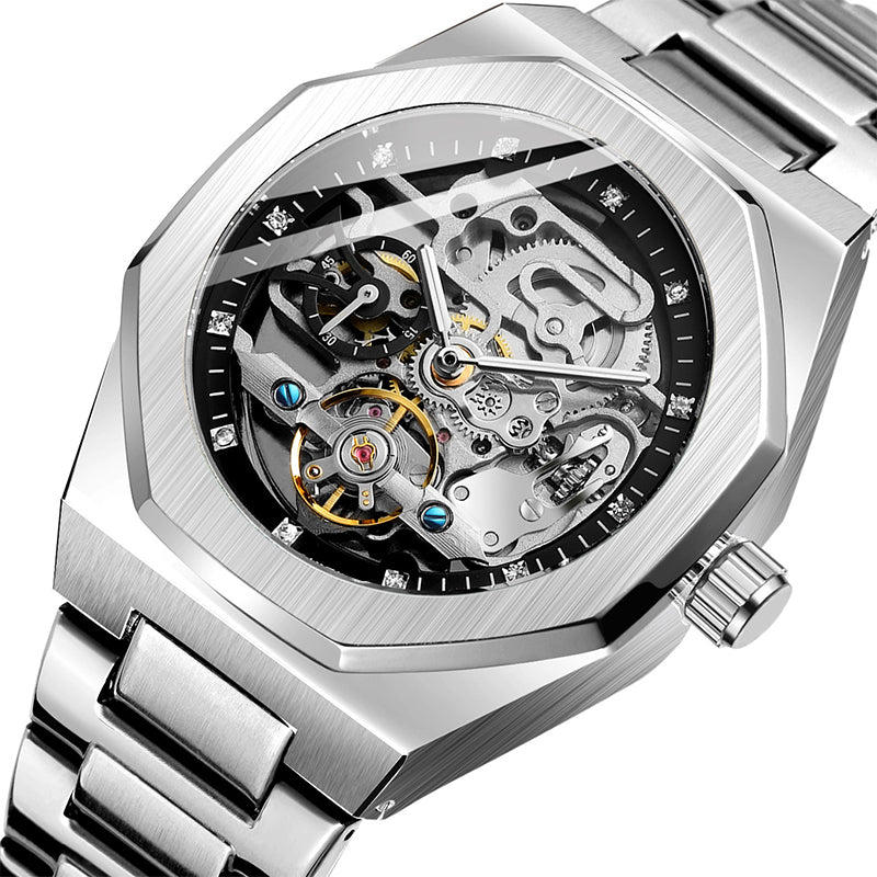 ⌚ LYXIG SKELETTUR - MÄSTARVERK I MECHANISK DESIGN  💎 Exklusiv visarfunktion - se klockans inre magi ⚙️ Automatisk rörelse - ingen batteribyte behövs ✅ 50 meters vattentålighet 💦 ✅ Safirglas för repfri klarhet 💎