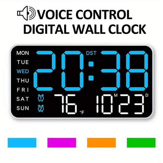 Stor digital veggklokke med LED-skjerm, dato og termometer 