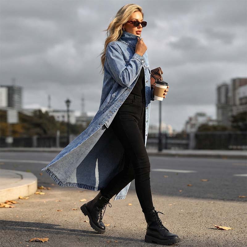 🧥💙 50% RABATT! | Lång Ledig Denimkavaj för Damer – Knappar, Avslappnad Passform & Slitstark Denim!