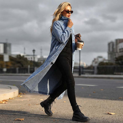🧥💙 50% RABATT! | Lång Ledig Denimkavaj för Damer – Knappar, Avslappnad Passform & Slitstark Denim!