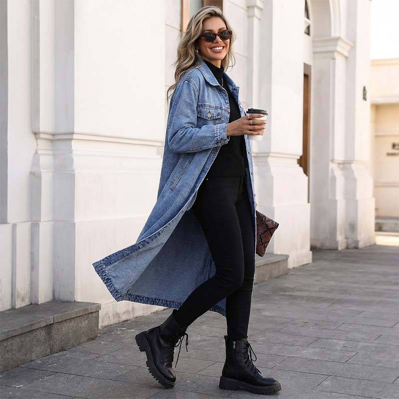 🧥💙 50% RABATT! | Lång Ledig Denimkavaj för Damer – Knappar, Avslappnad Passform & Slitstark Denim!