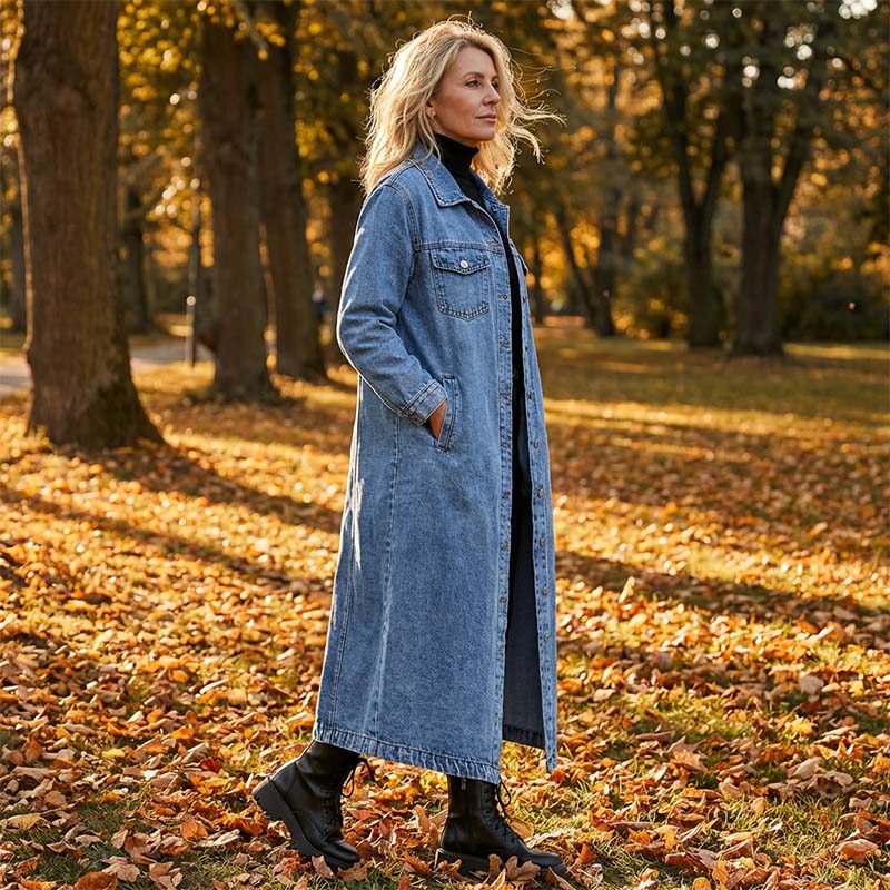 🧥💙 50% RABATT! | Lång Ledig Denimkavaj för Damer – Knappar, Avslappnad Passform & Slitstark Denim!
