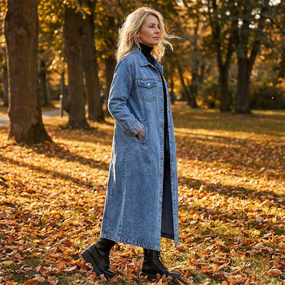 🧥💙 50% RABATT! | Lång Ledig Denimkavaj för Damer – Knappar, Avslappnad Passform & Slitstark Denim!