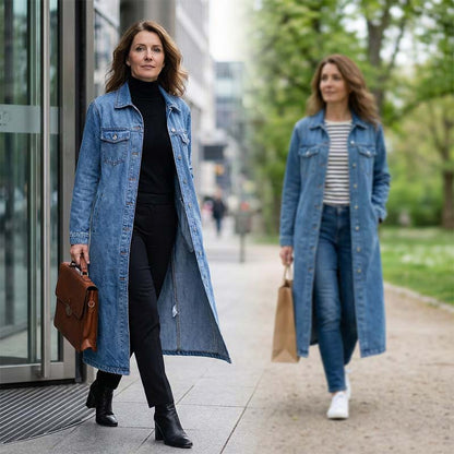 🧥💙 50% RABATT! | Lång Ledig Denimkavaj för Damer – Knappar, Avslappnad Passform & Slitstark Denim!
