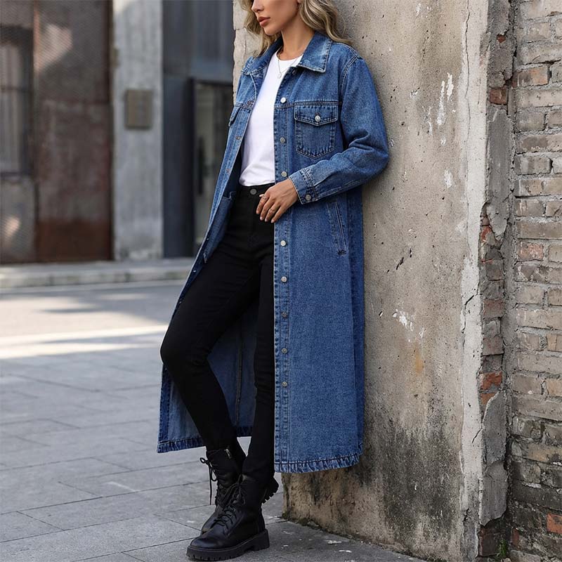 🧥💙 50% RABATT! | Lång Ledig Denimkavaj för Damer – Knappar, Avslappnad Passform & Slitstark Denim!