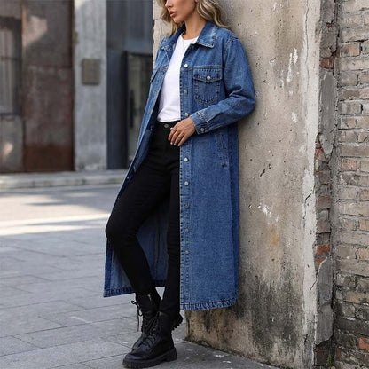 🧥💙 50% RABATT! | Lång Ledig Denimkavaj för Damer – Knappar, Avslappnad Passform & Slitstark Denim!