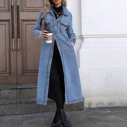 🧥💙 50% RABATT! | Lång Ledig Denimkavaj för Damer – Knappar, Avslappnad Passform & Slitstark Denim!