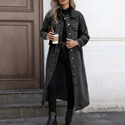 🧥💙 50% RABATT! | Lång Ledig Denimkavaj för Damer – Knappar, Avslappnad Passform & Slitstark Denim!