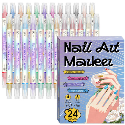 💞Över 50 000 sålda!✨Set med nagelkonstpennor med dubbla spetsar – torkar snabbt, ingen UV-lampa behövs. Fin spets och penselspets. 12/24 livfulla färger. Enkelt att göra själv hemma. Inga kladdfläckar, bara konst! 💅🖌️