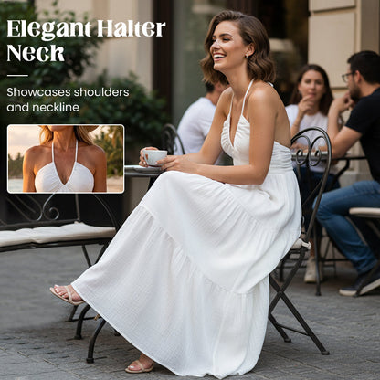 🔥🎁Nyhet 50 % RABATT🔥Halsbunden Baklös Vårad Maxiklänning