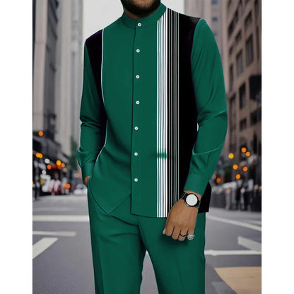 👔 2-delat set med randig skjorta och byxor för herr✨ Enkel stil✨