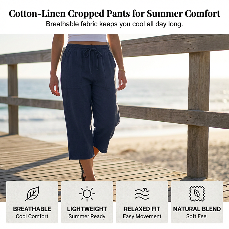 👖 50% RABATT NU! 🌿 Korta byxor i bomulls- och linneblandning för dam – Elastisk Midja med Dragsko, Vida Ben & Djupa Sidfickor – Andningsbar Sommarbasvara ✨