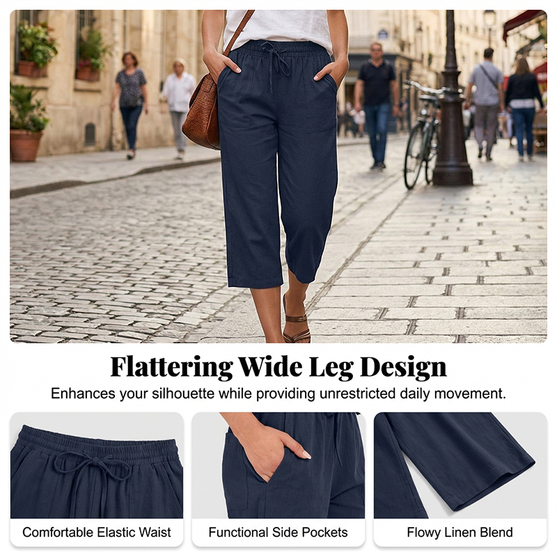 👖 50% RABATT NU! 🌿 Korta byxor i bomulls- och linneblandning för dam – Elastisk Midja med Dragsko, Vida Ben & Djupa Sidfickor – Andningsbar Sommarbasvara ✨
