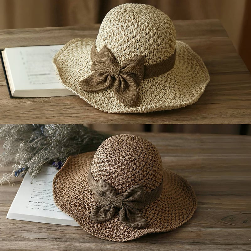 Fransk stil med rosett 👒 — Andningsbar vävd design, bred vågig brätte, solskydd och ansiktsminskande effekt. Justerbar passform (blåser inte bort!), vikbar och packbar 🌊
