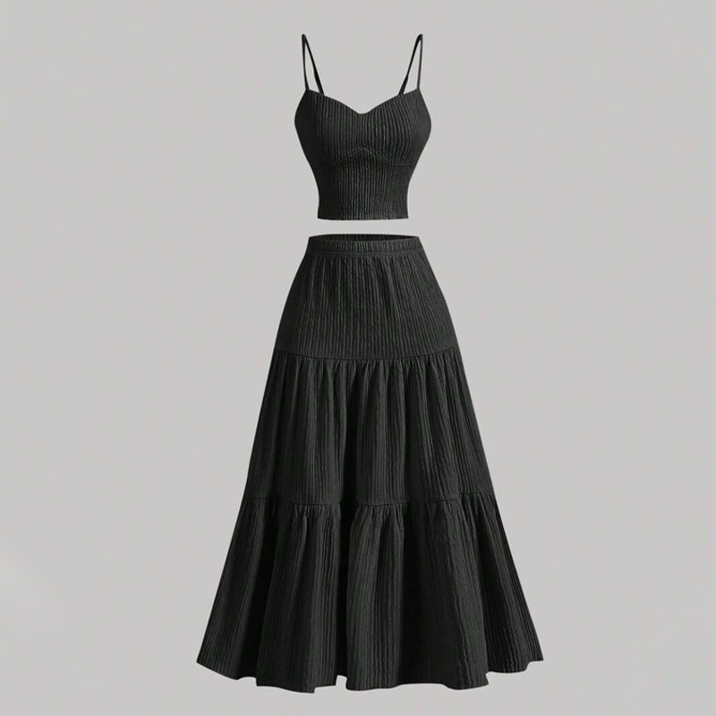 👗50% RABATT!🌸 Högmidjad A-linje Kjol & Linne Set – 2-delat, Krinklat & Mångsidigt!
