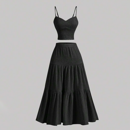👗50% RABATT!🌸 Högmidjad A-linje Kjol & Linne Set – 2-delat, Krinklat & Mångsidigt!