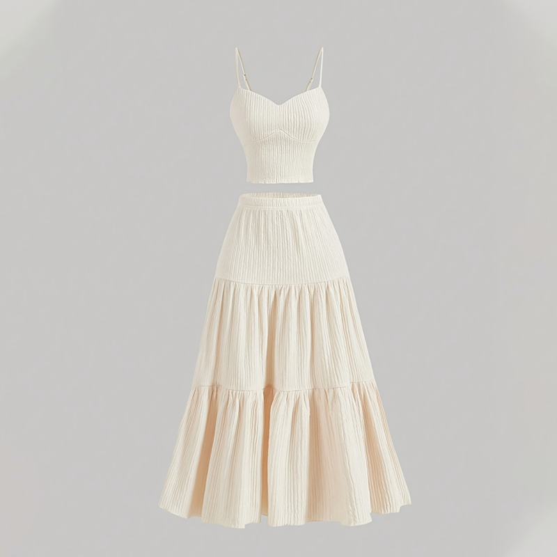 👗50% RABATT!🌸 Högmidjad A-linje Kjol & Linne Set – 2-delat, Krinklat & Mångsidigt!