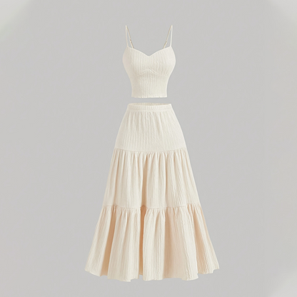 👗50% RABATT!🌸 Högmidjad A-linje Kjol & Linne Set – 2-delat, Krinklat & Mångsidigt!