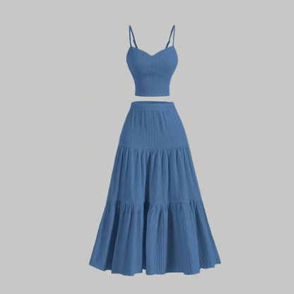 👗50% RABATT!🌸 Högmidjad A-linje Kjol & Linne Set – 2-delat, Krinklat & Mångsidigt!