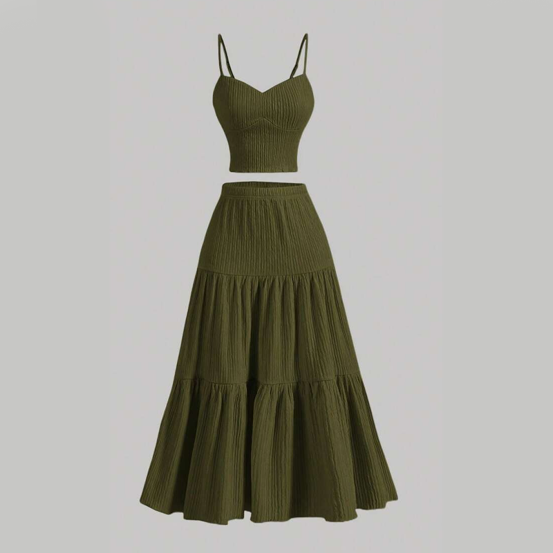 👗50% RABATT!🌸 Högmidjad A-linje Kjol & Linne Set – 2-delat, Krinklat & Mångsidigt!