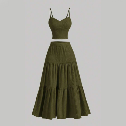 👗50% RABATT!🌸 Högmidjad A-linje Kjol & Linne Set – 2-delat, Krinklat & Mångsidigt!
