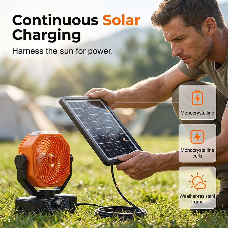 🥳REA 2026🥳💞Över 50 000 sålda!🌞⛺ 50 % RABATT! Bärbar solcellsdriven fläkt med dimfunktion – sval dimma + bred svängning + fjärrkontroll. Solcellsdriven, bekväm camping utan elanslutning. Inga fler kvavt varma sommardagar! 💨🌀