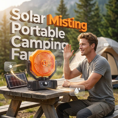 🥳REA 2026🥳💞Över 50 000 sålda!🌞⛺ 50 % RABATT! Bärbar solcellsdriven fläkt med dimfunktion – sval dimma + bred svängning + fjärrkontroll. Solcellsdriven, bekväm camping utan elanslutning. Inga fler kvavt varma sommardagar! 💨🌀