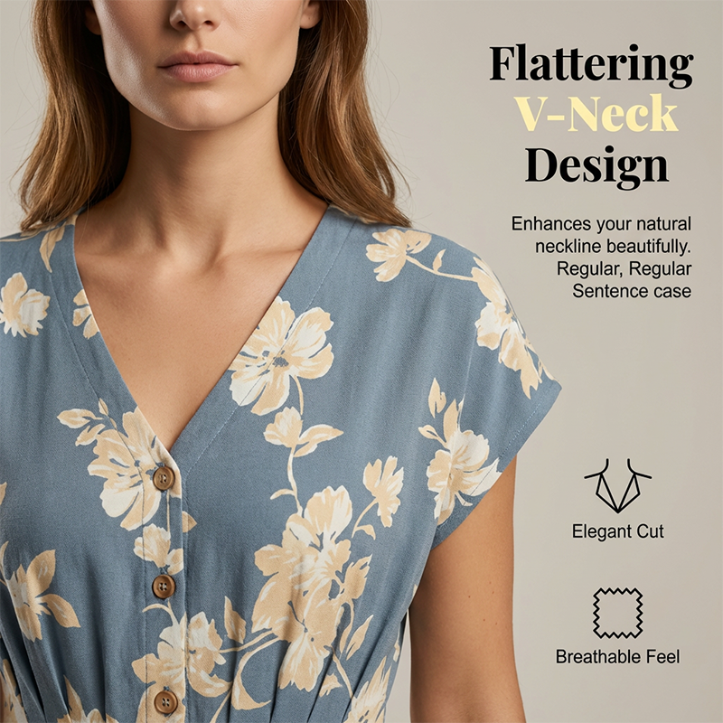 Dam midi-klänning med V-ringning, blommönster och knappar framtill