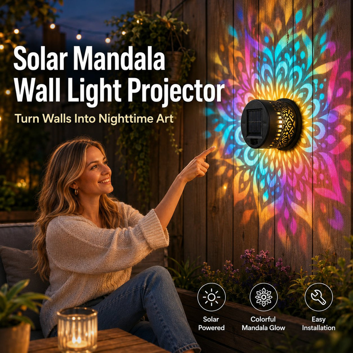🌞💡Solcellsdriven mandala vägglampa utomhus trädgård staket projektorlampa uteplats stämningsdekoration✨