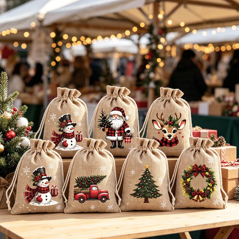 🎄✨ Julklappspåsar med dragsko – festliga tomte- och renmotiv med dubbel dragsko och hållbart tyg 🎁