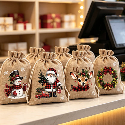 🎄✨ Julklappspåsar med dragsko – festliga tomte- och renmotiv med dubbel dragsko och hållbart tyg 🎁